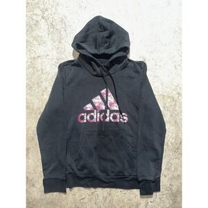 Adidas Women's Sz S Pullover Sweater Fleece Black Pink Logo Floral Graphic Print